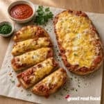 two halves of Cheesy Lasagna Garlic bread, one sliced, on a piece of parchment paper with a small bowl of parsley, and a small bowl of marinara