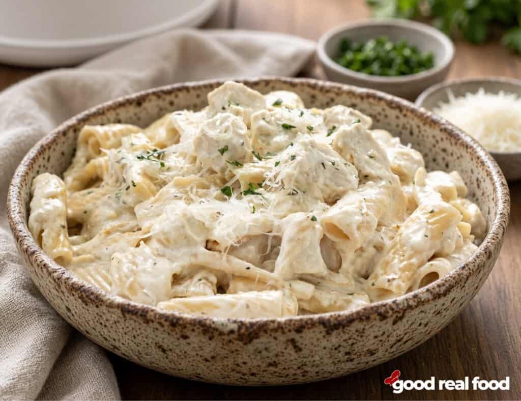 close up ofCreamy Slow Cooker Chicken Alfredo in a bowl Creamy Slow Cooker Chicken Alfredo pictured from the side next to a cloth napkin with some small bowls of ingredients and a crockpot in the background