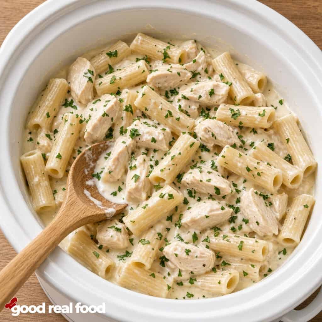 Creamy Slow Cooker Chicken Alfredo in a white crockpot with a wooden spoon Creamy Slow Cooker Chicken Alfredo in a white crockpot with a wood spoon