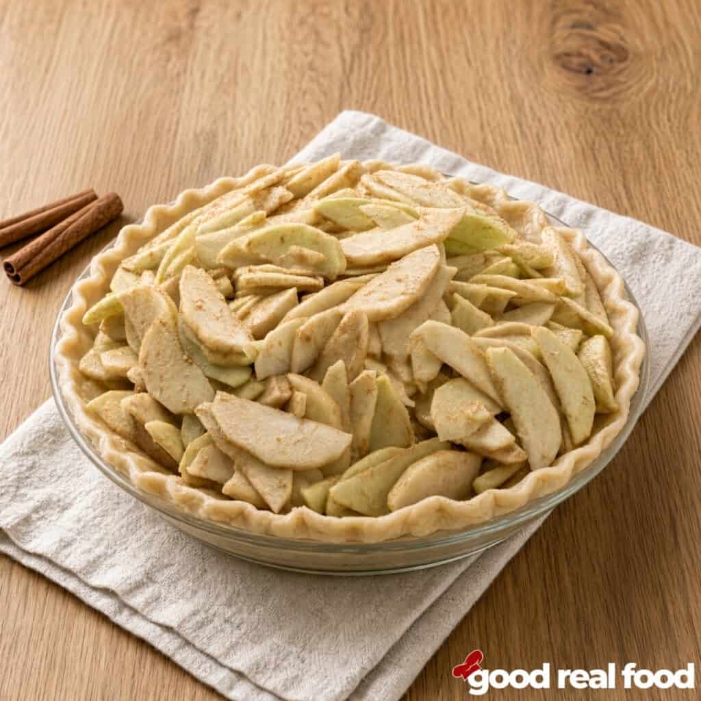 Glass pan with pie crust and filling glass pie plate with crust and pie filling on a cloth napkin on a wood counter