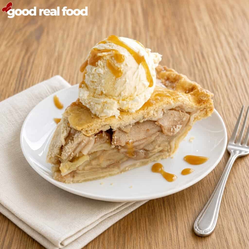 A slice of classic homemade apple pie with a scoop of ice cream a slice of apple pie on a white plate with a scoop of ice cream on top sitting on a wood counter with a metal fork
