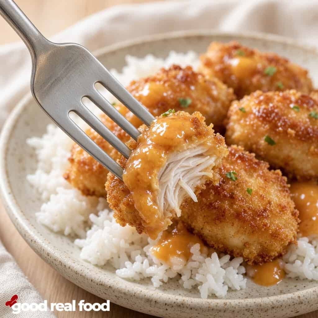a piece of crispy coconut peach chicken on a fork and a plate of crispy coconut peach chicken over rice