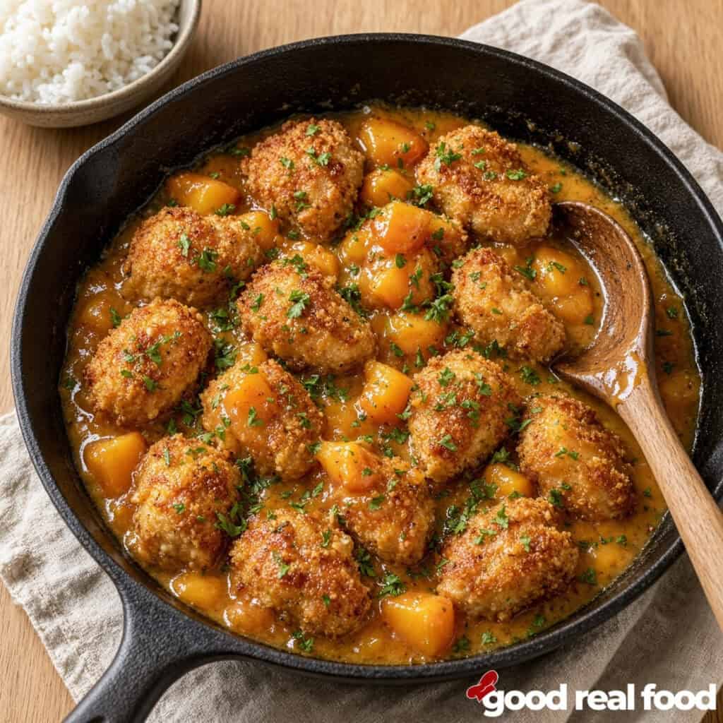 a skillet of crispy coconut peach chicken with a wooden spoon on a cloth napkin on a wood counter