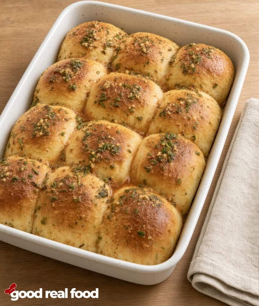 a pan of garlic herb cowboy butter rolls a pan of garlic herb cowboy butter rolls next to a cloth napkin on a wood counter