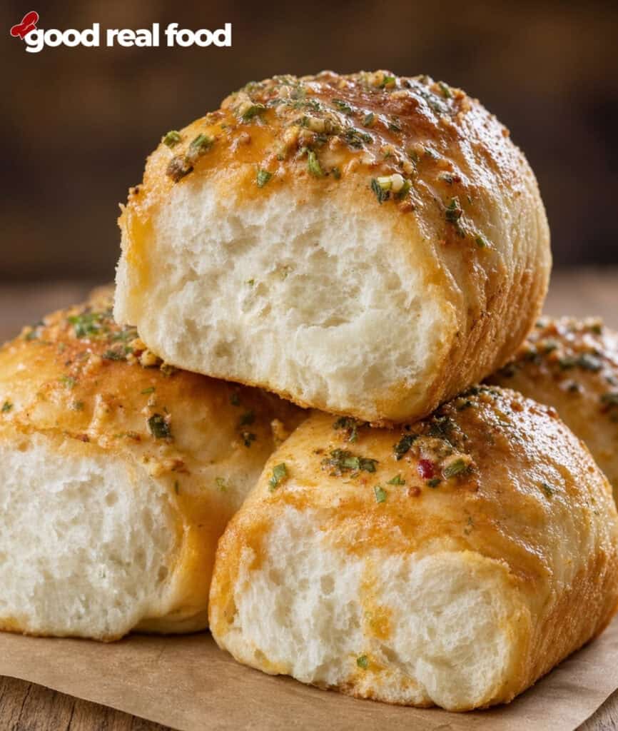 a stack of garlic herb cowboy butter rolls a stack of garlic herb cowboy butter dinner rolls on a piece of parchment paper