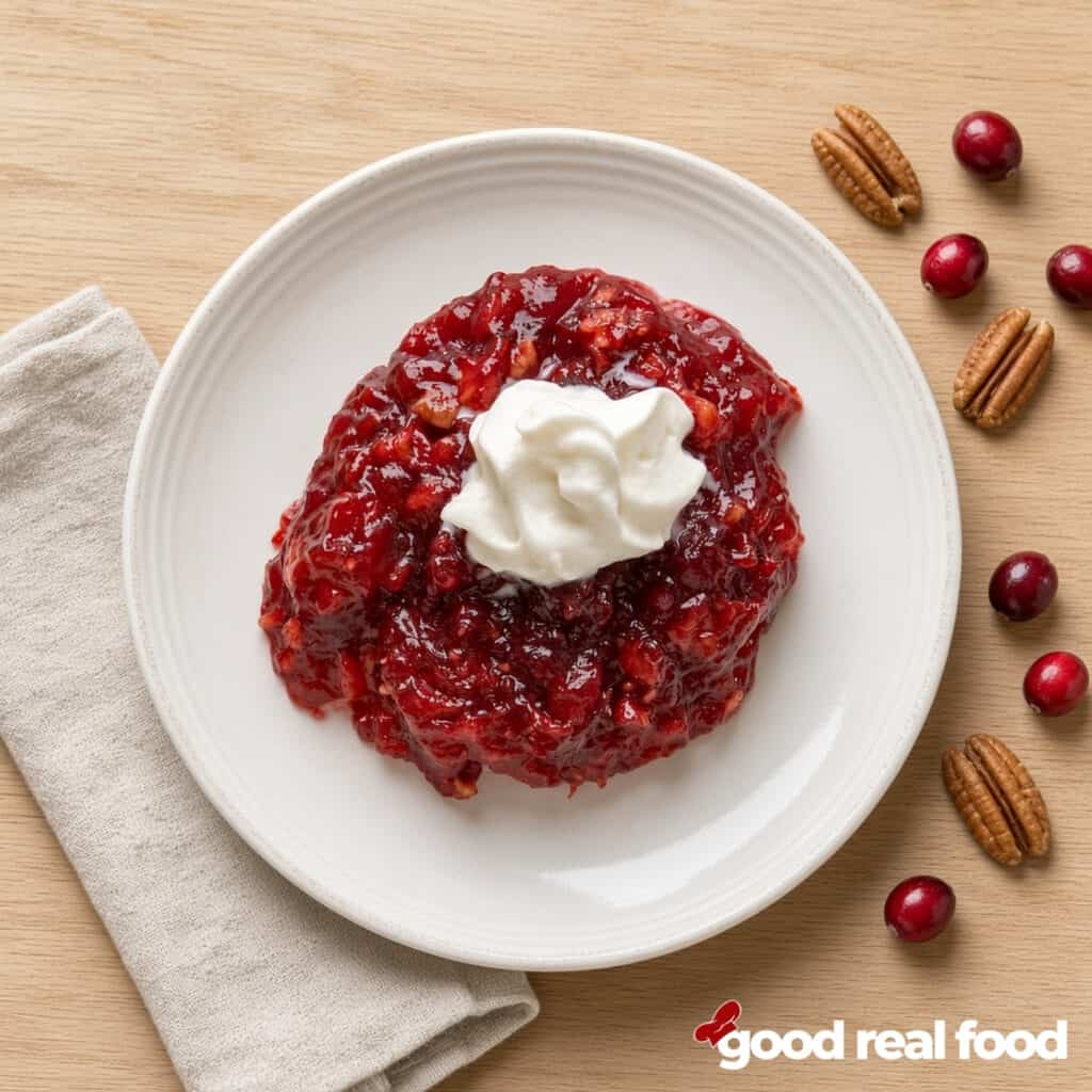 a plate of holiday cranberry jello salad on a wood table Holiday cranberry salad with whipped cream on a white plate on a wood counter next to a cloth napkin and cranberries and pecans