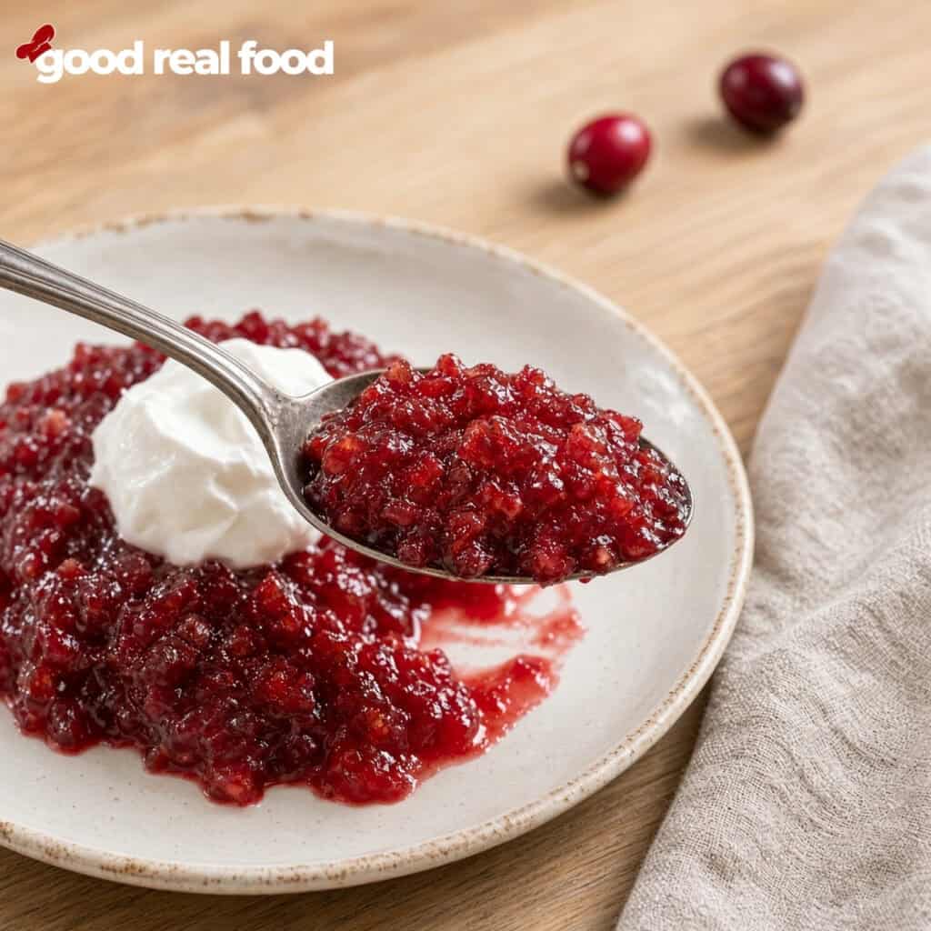 a spoon full of holiday cranberry jello salad, with a plate of the salad with whipped cream in the background Holiday cranberry Jello salad on a spoon over a plate with whipped cream next to a cloth napkin with a couple of cranberries in the background