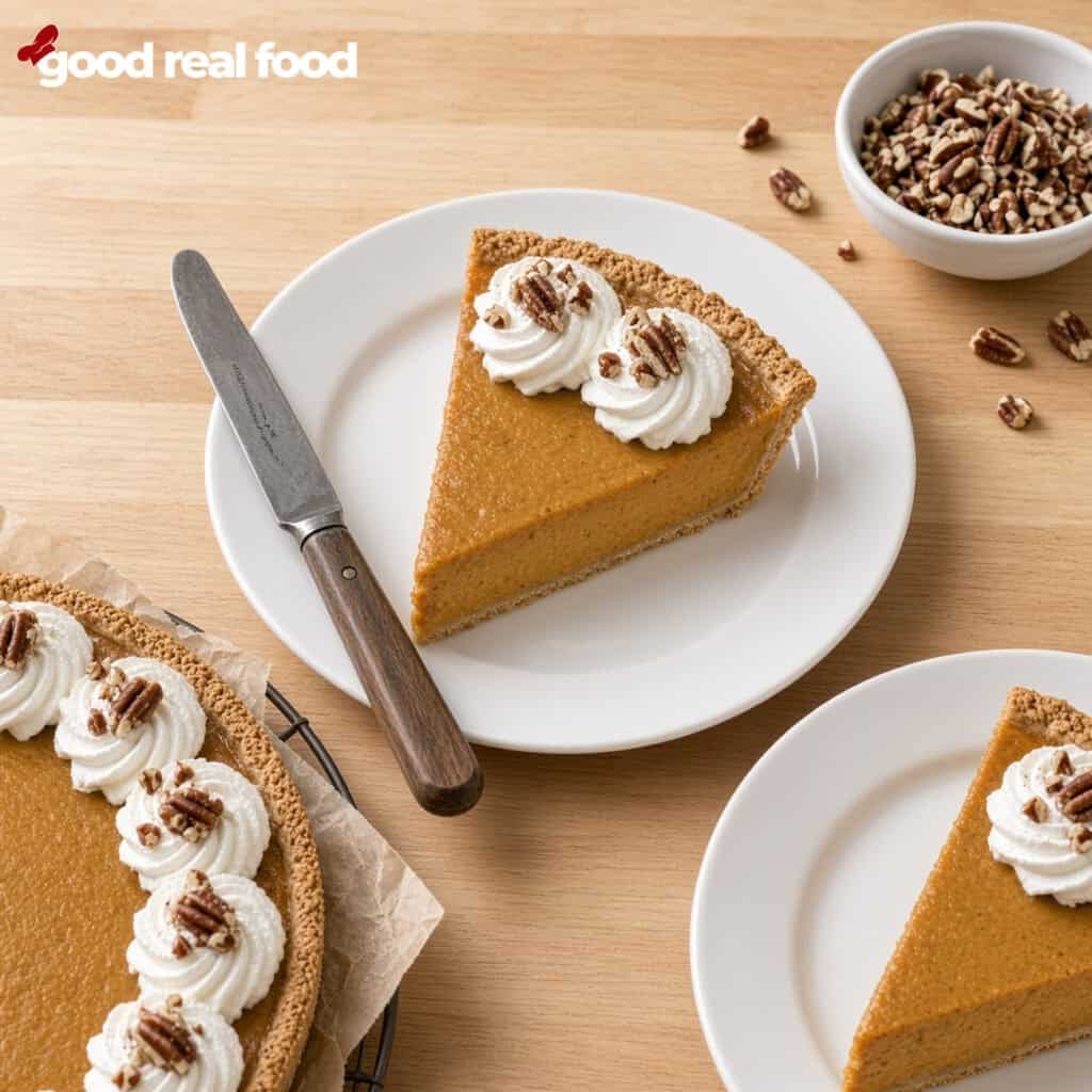 two slices of holiday pumpkin cheesecake on plates next to pumpkin cheesecake on a wire rack two slices of holiday pumpkin cheesecake on plates next to pumpkin cheesecake on a wire rack and a small bowl of pecans