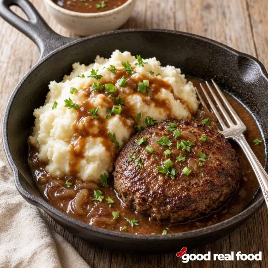Skillet of salisbury Steak with Onion Gravy and mashed potatoes a skillet of salisbury steak with onion gravy and mashed potatoes and a fork on a wood counter next to a cloth napkin