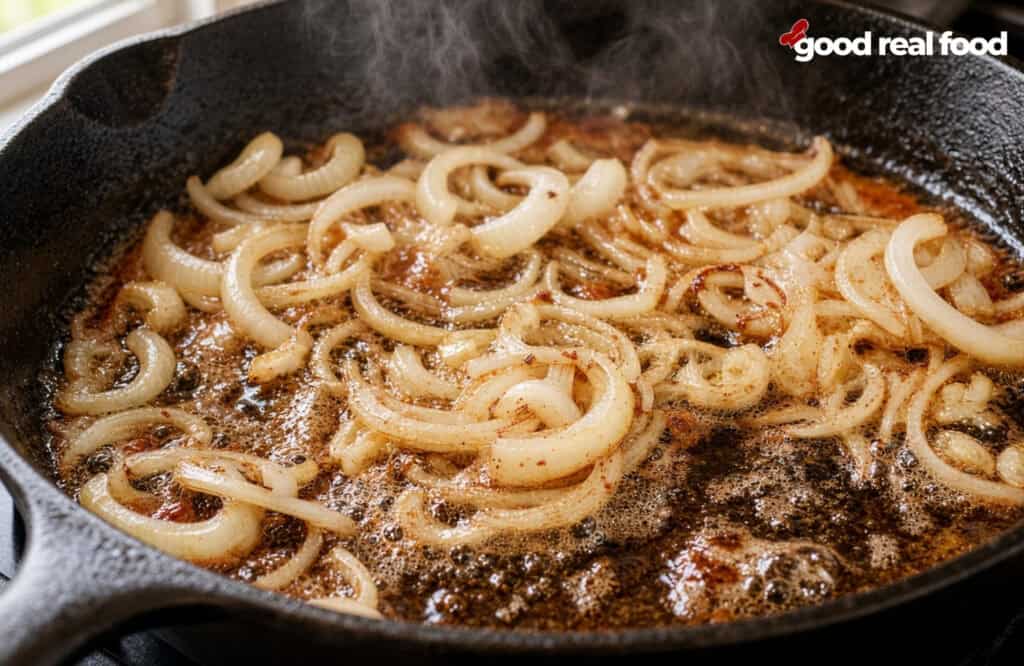 Onions frying in cast iron pan onions frying in a cast iron pan