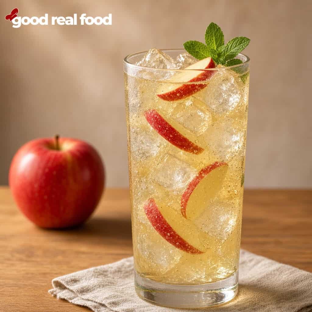a sparkling apple cider mojito in a glass a sparkling apple cider mojito with mint and apple garnish on a cloth napkin on a wood counter next to an apple