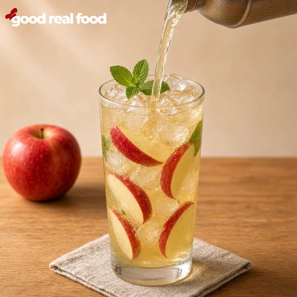 sparkling Apple cider mojito being poured from shaker a sparkling apple cider mojito being poured from a metal shaker on a cloth napkin on a wood counter next to an apple