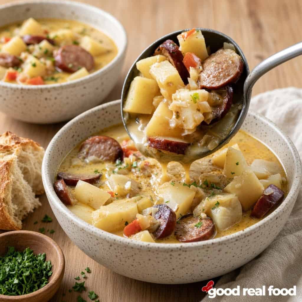 spicy cajun potato soup being spooned into a bowl spicy cajun potato being spooned into a cream colored bowl next to another bowl of soup and bread, a bowl of garnish, and a cloth napkin