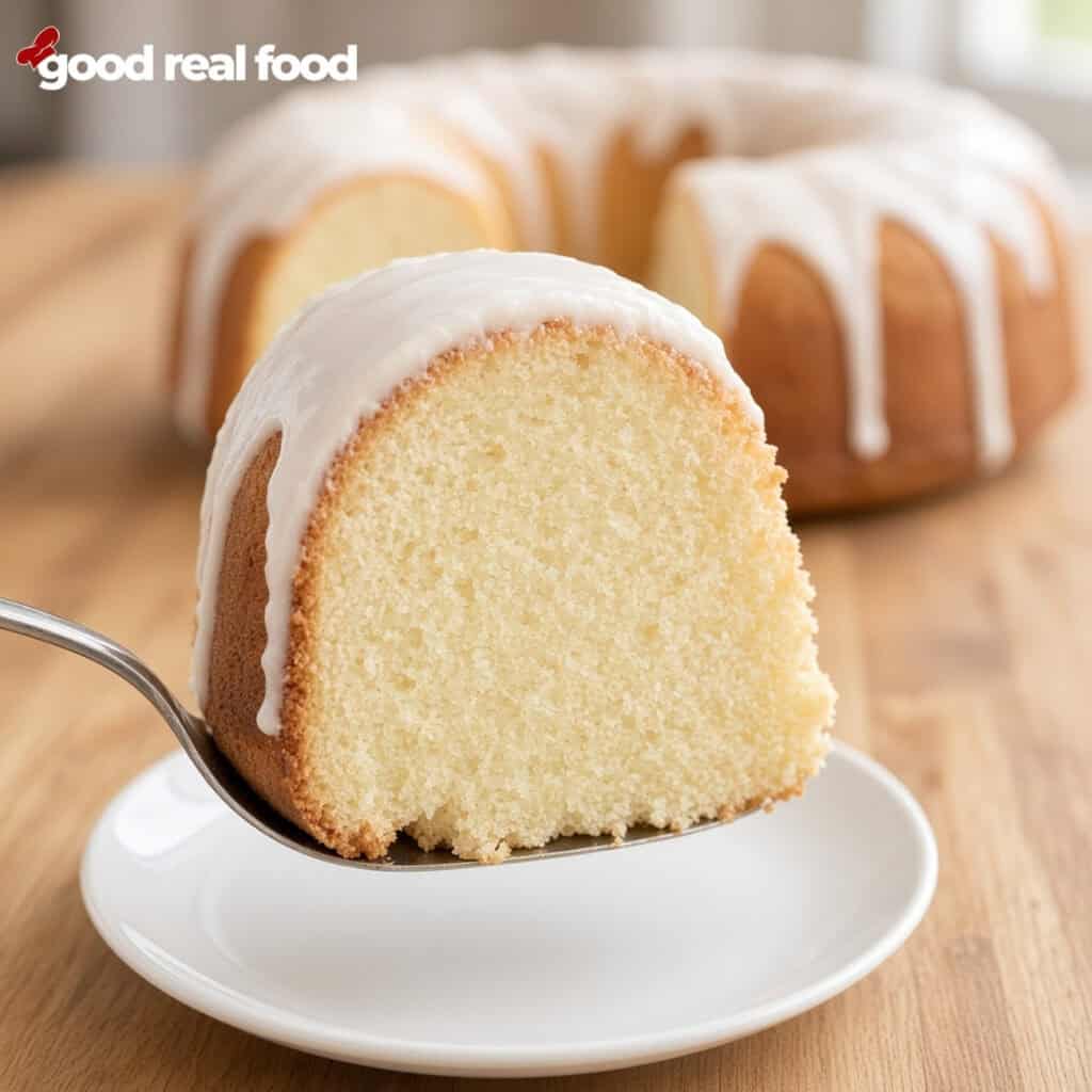 a slice of Vanilla Bunt Cake on a server over a plate a slice of Vanilla Bundt Cake with Vanilla Glaze on a server being held over a white plate with the full bundt cake in the back