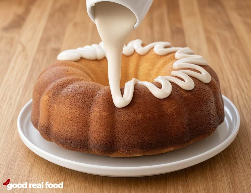 Vanilla Bundt Cake with Vanilla Glaze being drizzled on top Vanilla Bundt Cake on a white plate with vanilla glaze being drizzled on top
