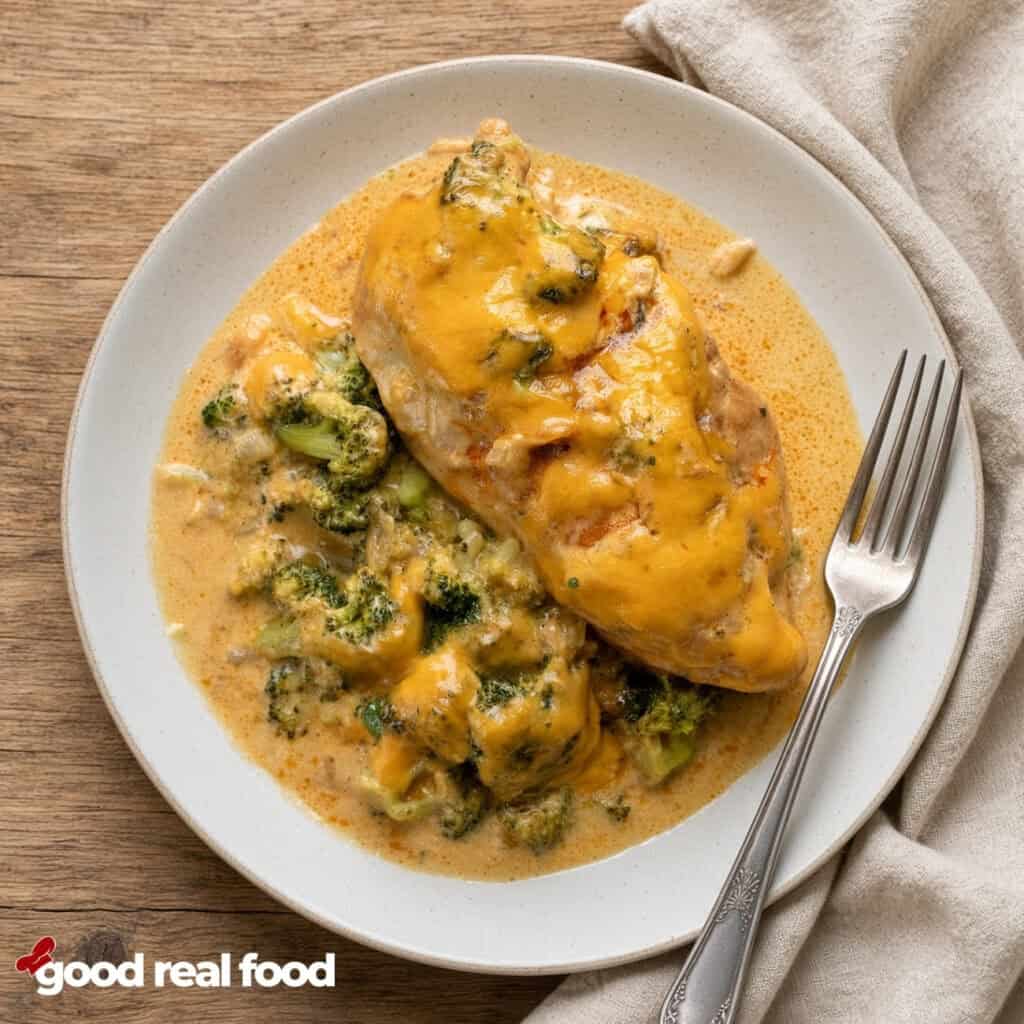 a plate of Broccoli Cheddar Baked Chicken with a metal fork on a rough wood counter a plate of Broccoli Cheddar Baked Chicken with a metal fork on a rough wood counter next to a cloth napkin