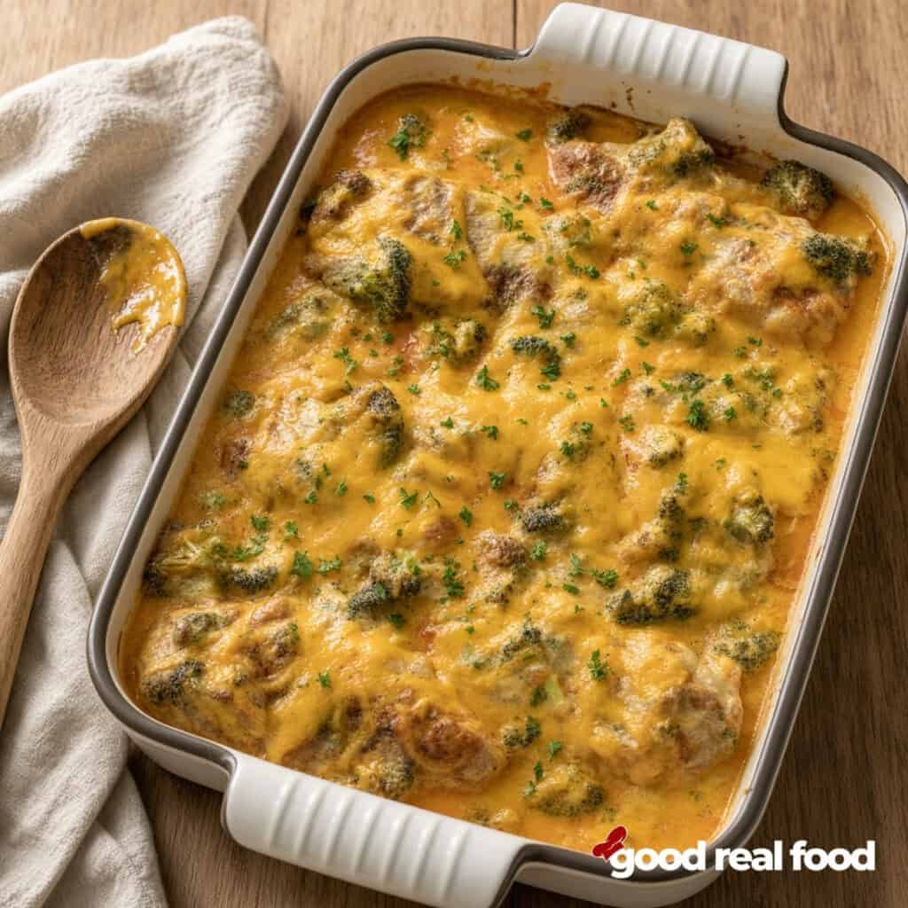 a dish of Broccoli Cheddar Baked Chicken on a rough wood counter next to a cloth napkin a dish of Broccoli Cheddar Baked Chicken on a rough wood counter next to a cloth napkin with a wooden spoon with some sauce on top