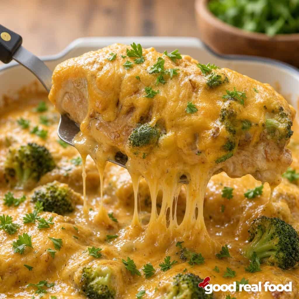 a serving spatula with Broccoli Cheddar Baked Chicken on being held over a baking dish of Broccoli Cheddar Baked Chicken a serving spatula with Broccoli Cheddar Baked Chicken on being held over a baking dish of Broccoli Cheddar Baked Chicken on a wood counter with a bowl of garnish in the background