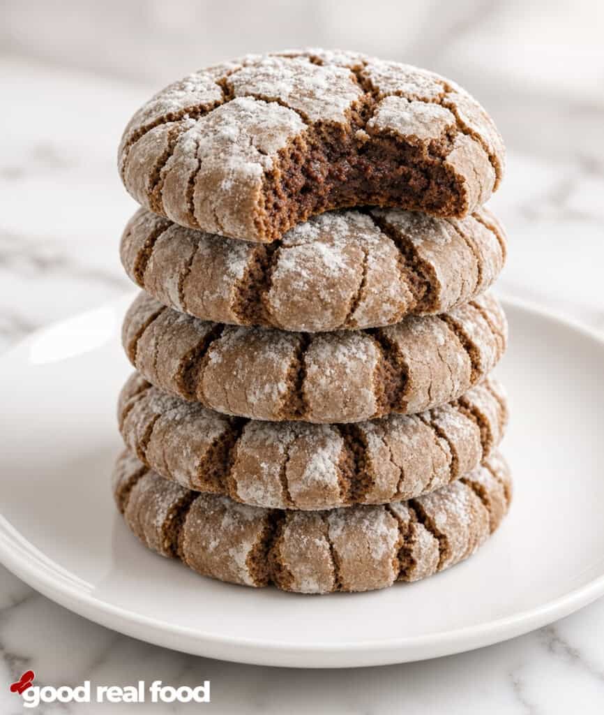 a white plate with a stack of Chewy Gingerbread Crinkle Cookies a white plate with a stack of Chewy Gingerbread Crinkle Cookies, one with a bite taken out, on a marble counter