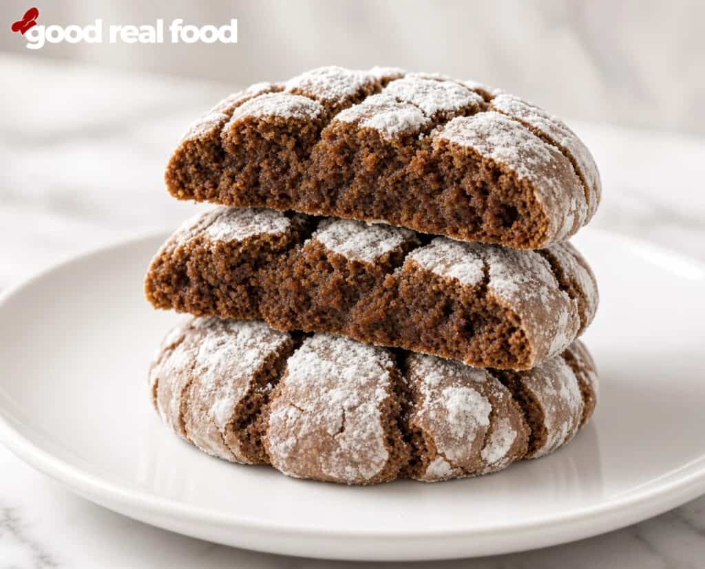 Chewy Gingerbread Crinkle Cookies two in halves, on a white plate Chewy Gingerbread Crinkle Cookies two in halves, on a white plate on a marble counter