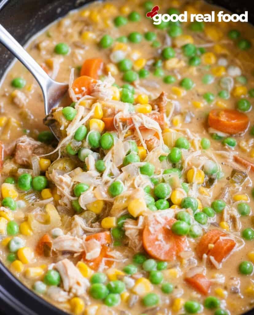 close up of a slow cooker filled with crockpot chicken pot pie close up of a slow cooker filled with crockpot chicken pot pie with a silver spoon