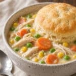 close up of a bowl of crockpot chicken pot pie with a biscuit on a cloth napkin with a silver spoon on a wood counter