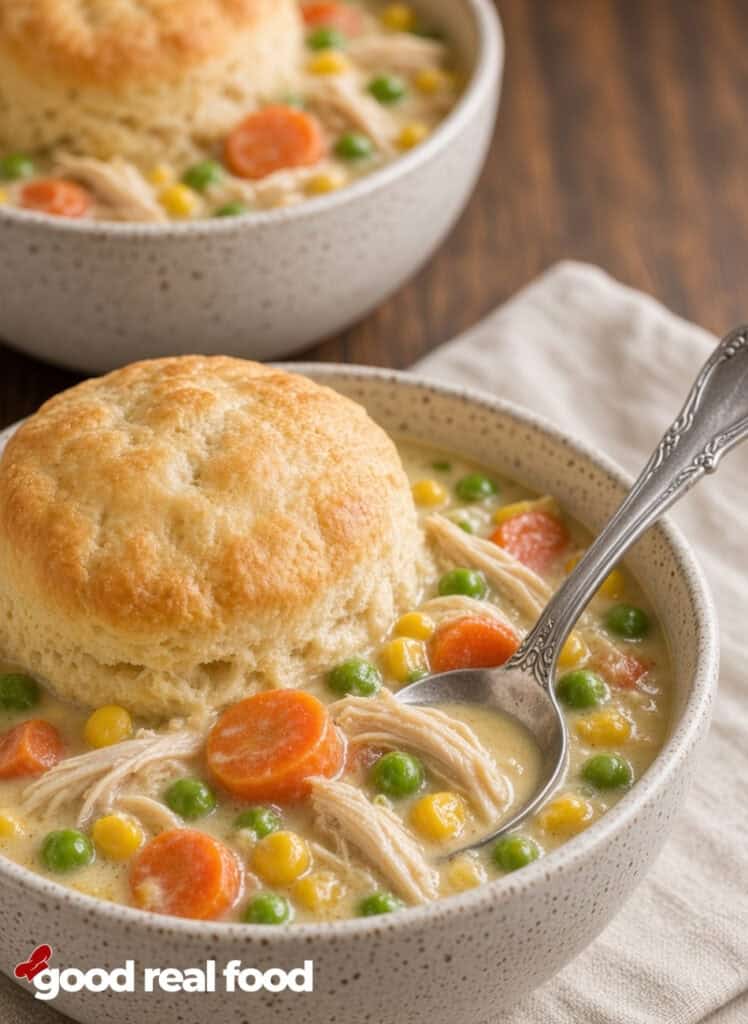 two bowls of crockpot chicken pot pie with a biscuit on top two bowls of crockpot chicken pot pie with a biscuit on top, one bowl has a spoon and is on a cloth napkin on a wood counter