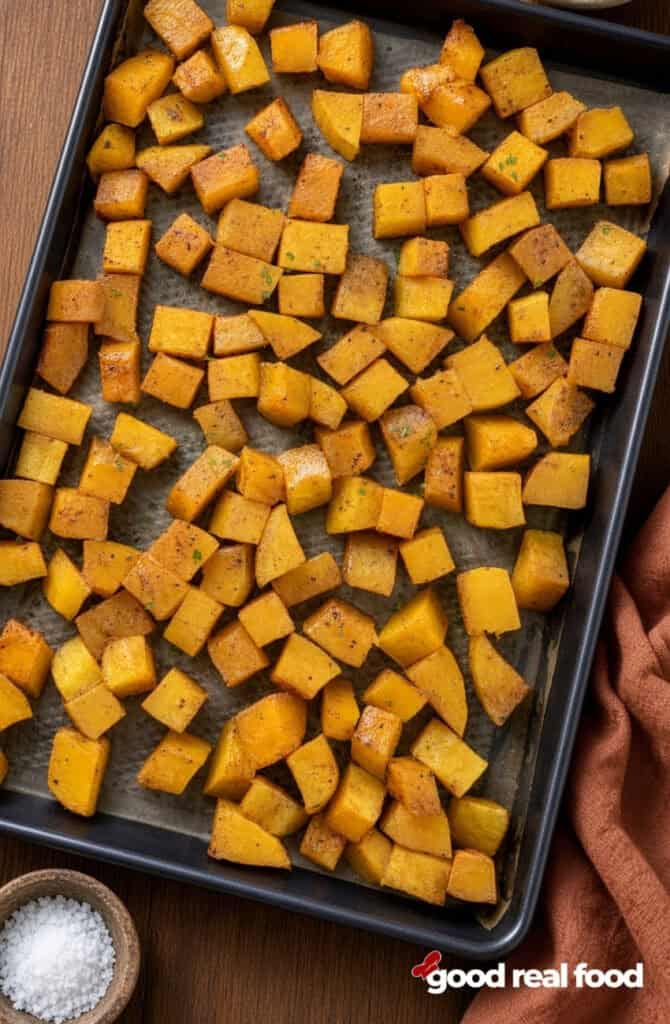 a pan of Maple Cinnamon Roasted Squash on a wooden counter a pan of Maple Cinnamon Roasted Squash on a wooden counter next to a bowl of salt and a cloth napkin