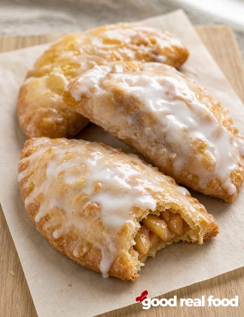 three Mini Apple Pies one with a bite taken on a piece of parchment three Mini Apple Pies one with a bite taken on a piece of parchment on a wood cutting board