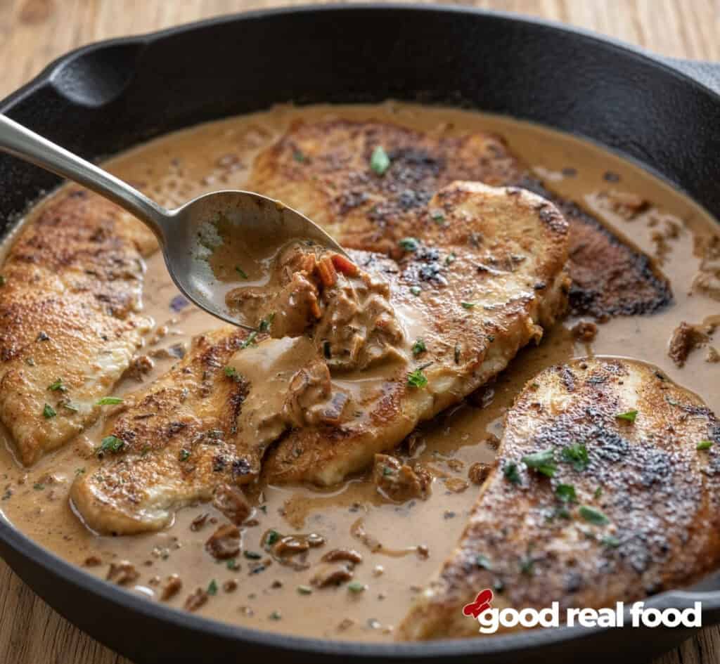 a spoon over a pan of One-skillet Paprika Chicken a spoon over a pan of One-skillet Paprika Chicken