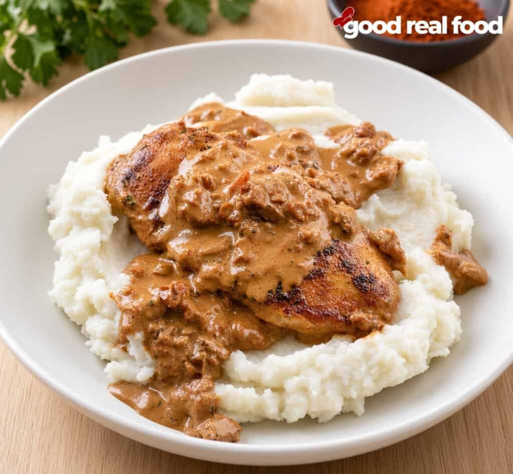 a white plate of One-Skillet Paprika Chicken on a wood counter a white plate of One-Skillet Paprika Chicken on a wood counter with some garnish in the background and a bowl of paprika