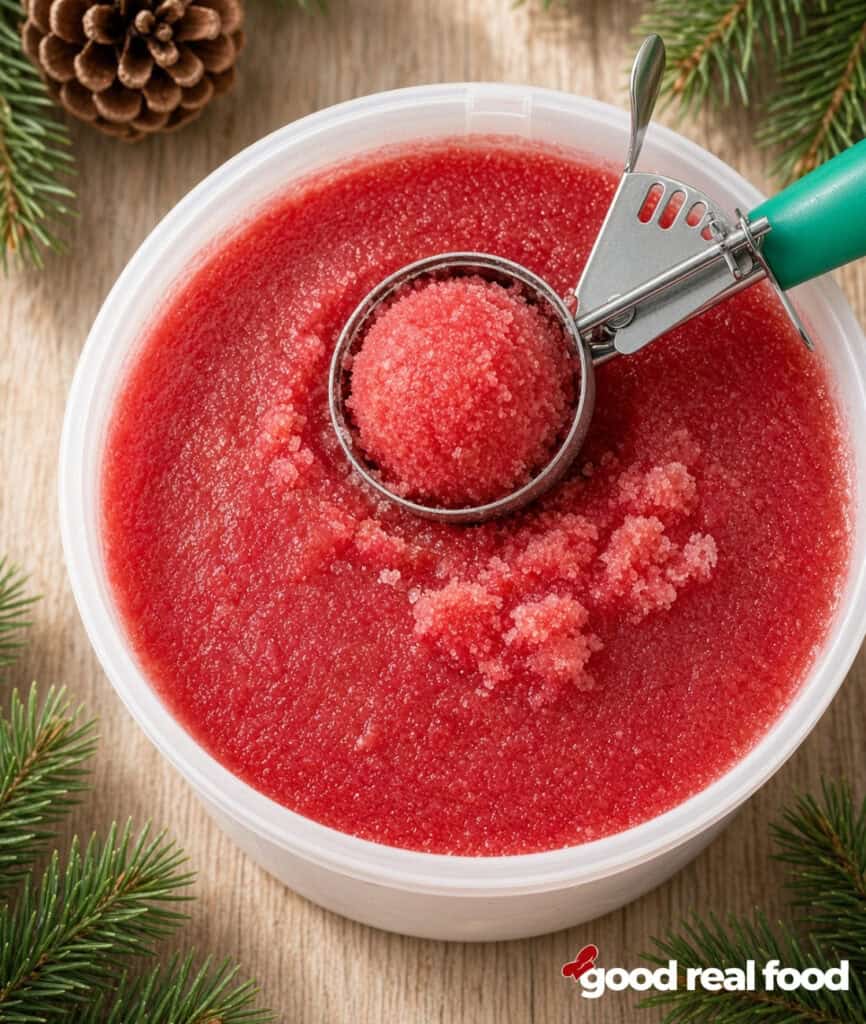 a container of Orange Cranberry Slush base with a green scoop a container of Orange Cranberry Slush base with a green scoop on a rough wood counter with pine tree greenery