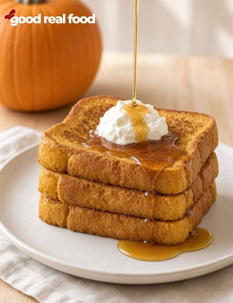 a stack of pumpkin spice French toast with syrup being drizzled on top a stack of pumpkin spice French toast with syrup being drizzled on top on a white plate on a cloth napkin on a wood counter next to a pumpkin