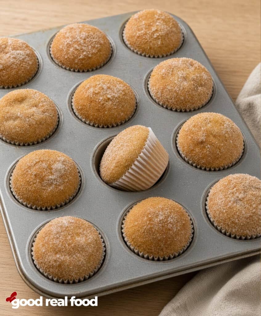 a muffin tin of spiced apple cider muffins on a wood counter a muffin tin of spiced apple cider muffins on a wood counter next to a cloth napkin