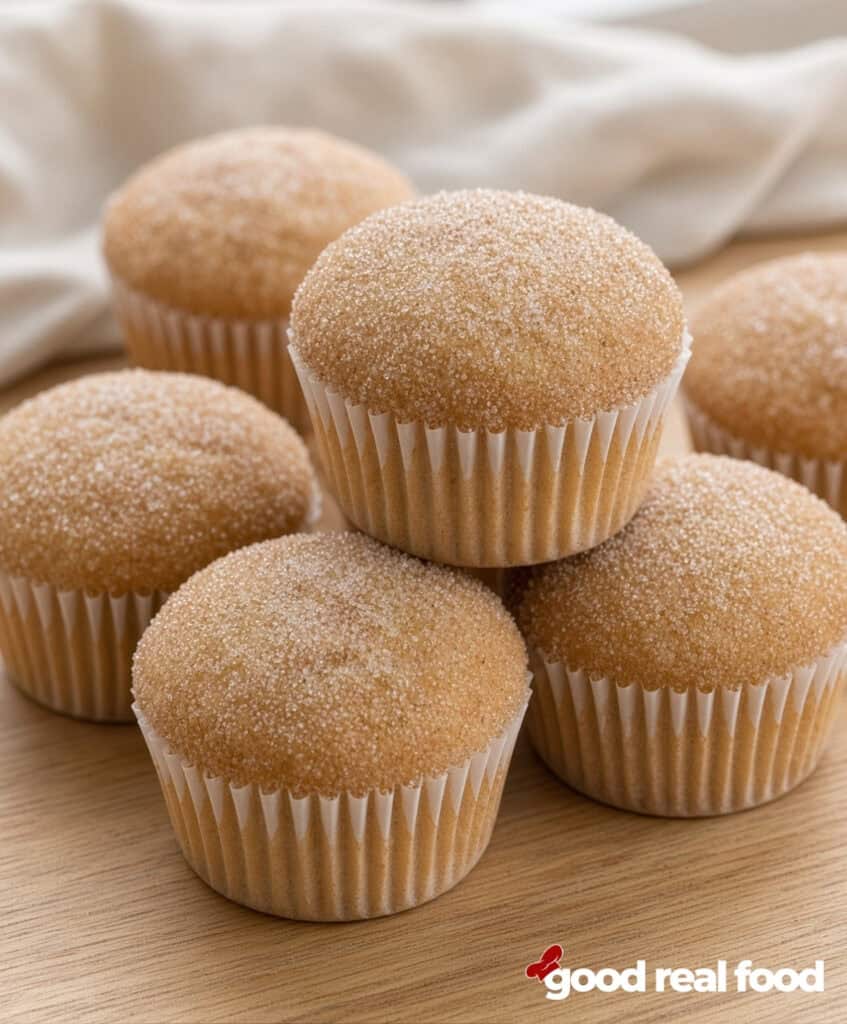 a close up of a stack of spiced apple cider muffins on a wood counter a close up of a stack of spiced apple cider muffins on a wood counter with a cloth napkin in the background