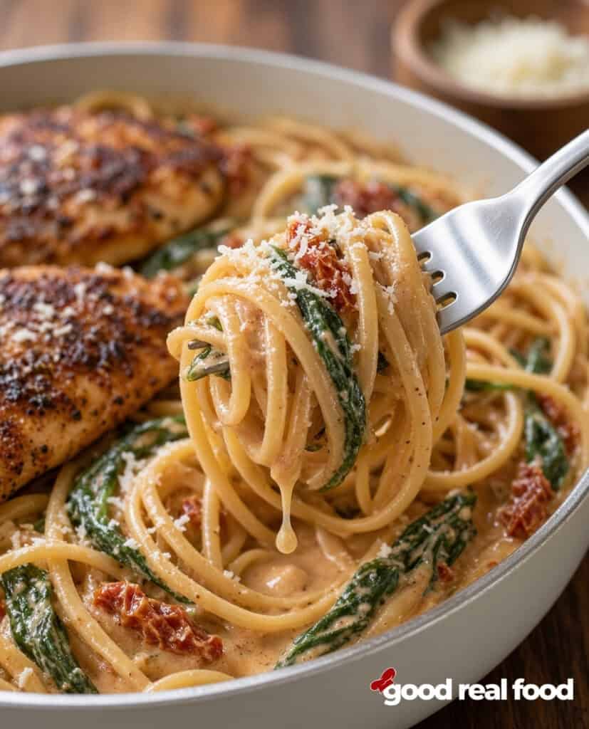 a close up of Spiced Tuscan Chicken Linguine on a fork over a white bowl a close up of Spiced Tuscan Chicken Linguine on a fork over a white bowl with a small bowl of parmesan in the background