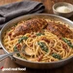 a metal pan with Spiced Tuscan Chicken Linguine with a metal spoon on a wood counter next to cloth napkin and a small bowl of parmesan