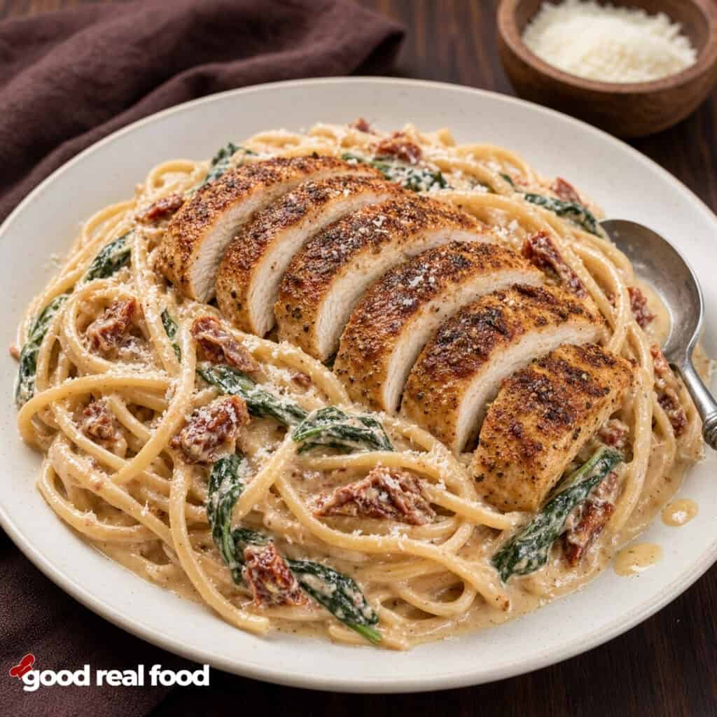 Spiced Tuscan Chicken Linguine on a white plate with a metal spoon Spiced Tuscan Chicken Linguine on a white plate with a metal spoon on a wood counter next to a cloth napkin and a small bowl of parmesan