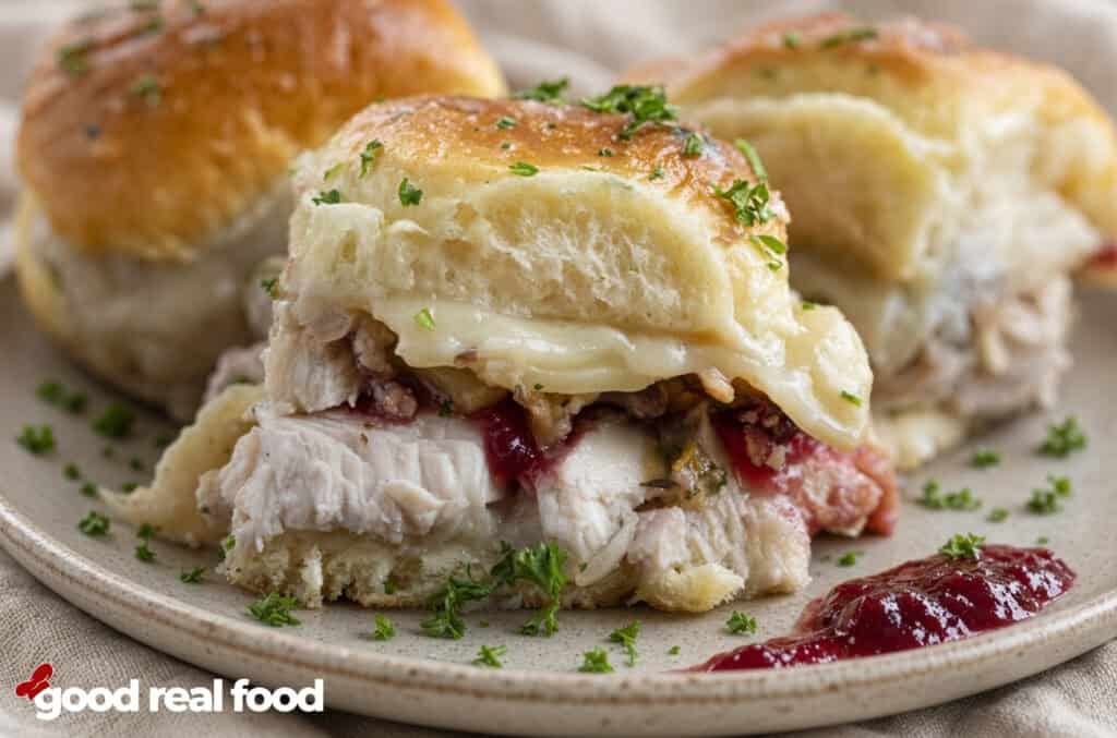 three Thanksgiving leftover Sliders on a stone plate three Thanksgiving leftover Sliders on a stone plate on top of a cloth napkin